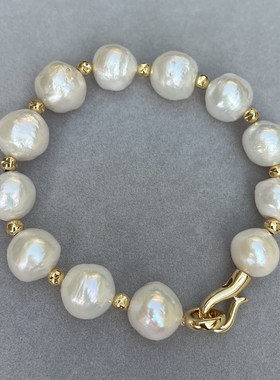 大颗粒 镜面极亮微瑕 天然白色巴洛克珍珠手链 11-13mm 19cm