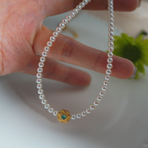 S925银镀金 极光正圆无暇天然白色珍珠项链 天然宝石3.8mm42-45cm