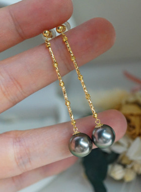 18K  高品质镜面极光全无暇正圆天然大溪地孔雀绿色珍珠耳环9.4mm