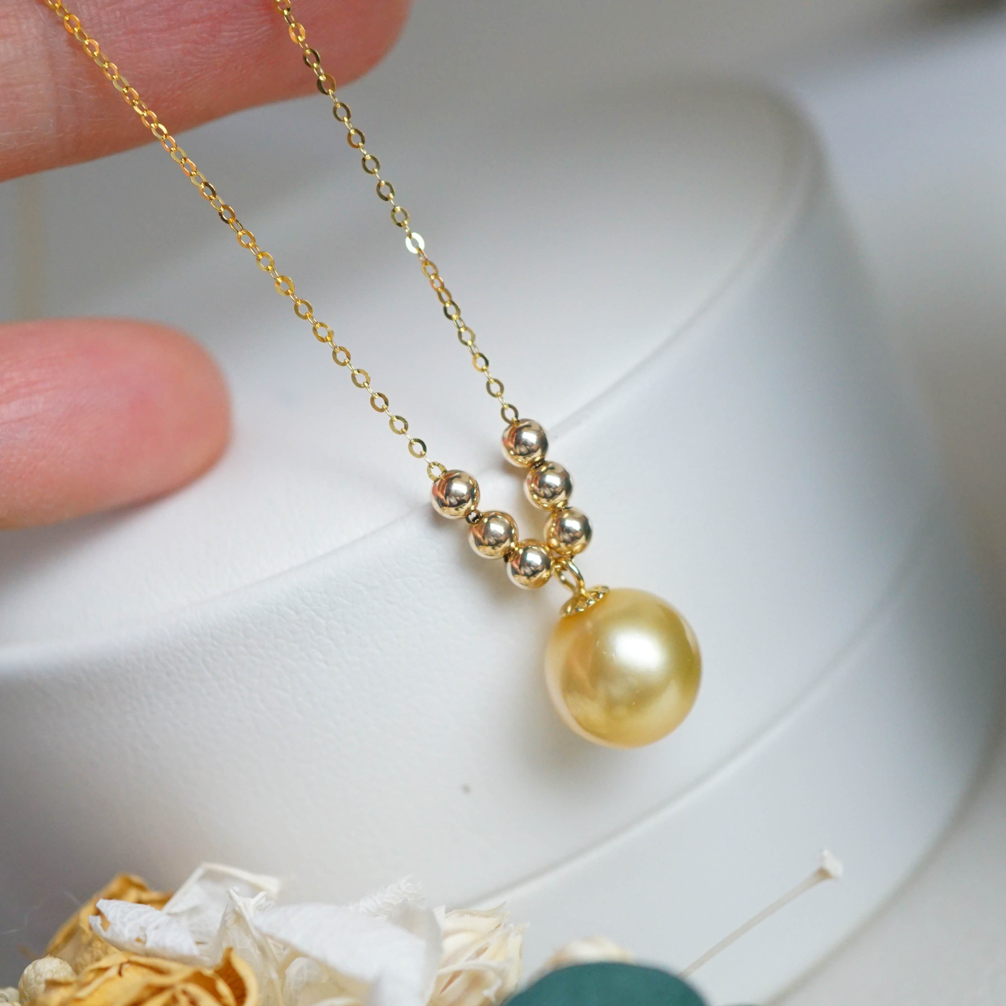 含金链 18k 极亮正圆无暇天然海水金珠金色珍珠项链 金豆款 9.6mm
