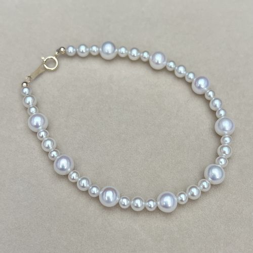 18K黄金高品质极亮纯白冷白正圆天然白色珍珠手链3.6-5.2mm18.5cm
