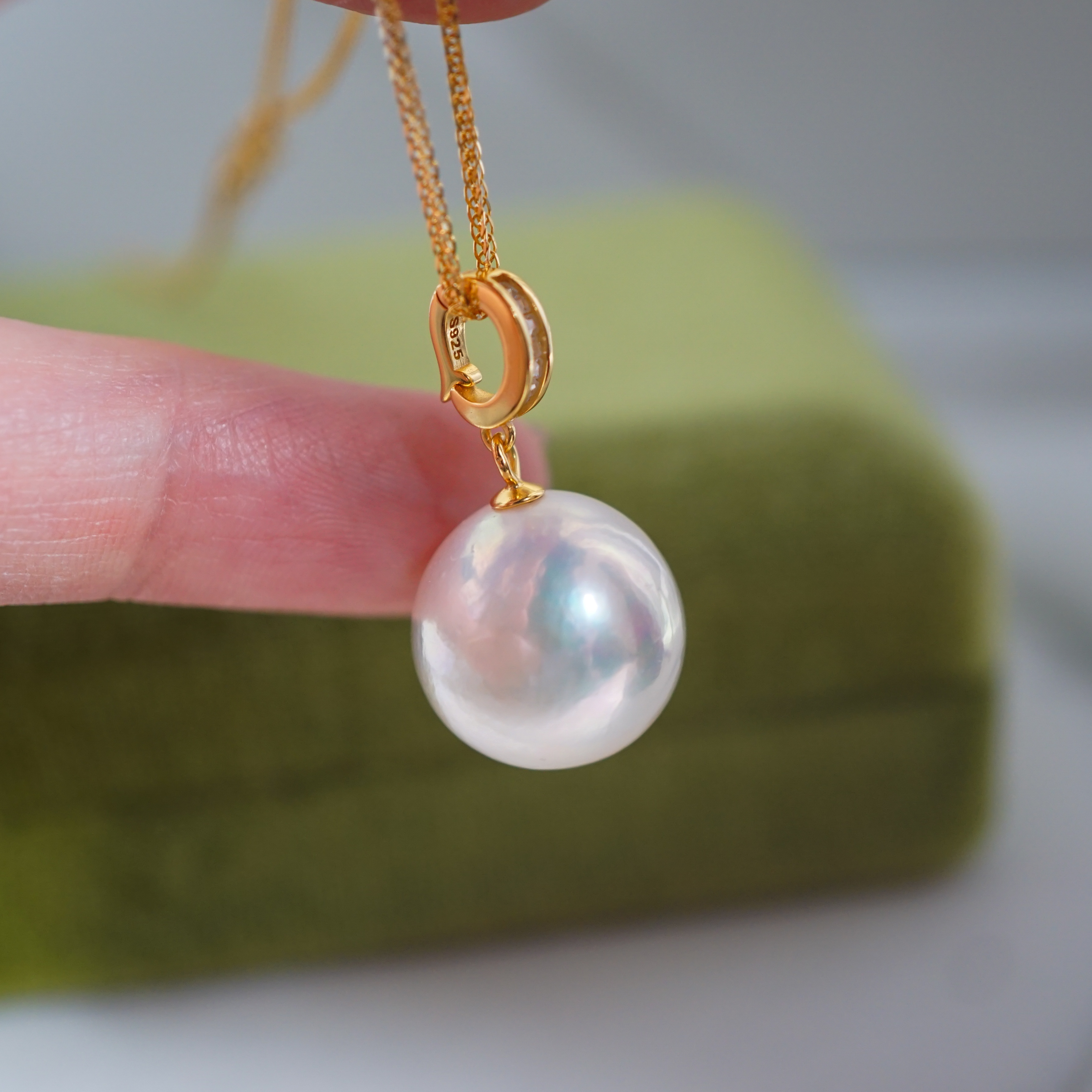 S925银镀金 超大巨大镜面极光近全无暇 白亮珍珠项链  14.8mm