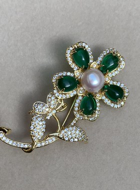 精品极亮光泽丝滑全无瑕 天然白色AK珍珠胸针胸花8.5mm绿色花朵
