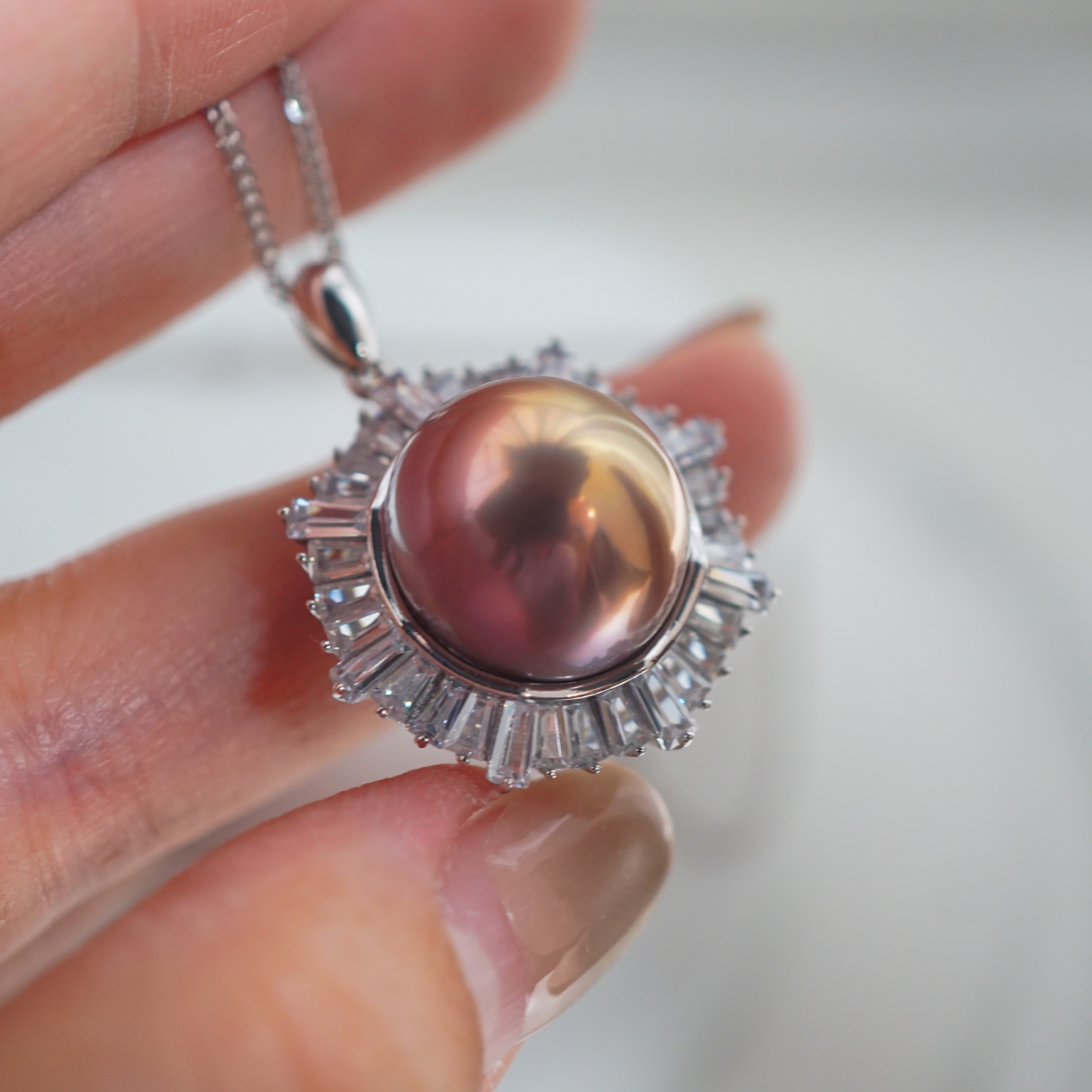 送银链 超大极强光全无暇天然金属色珍珠项链 14.4mm