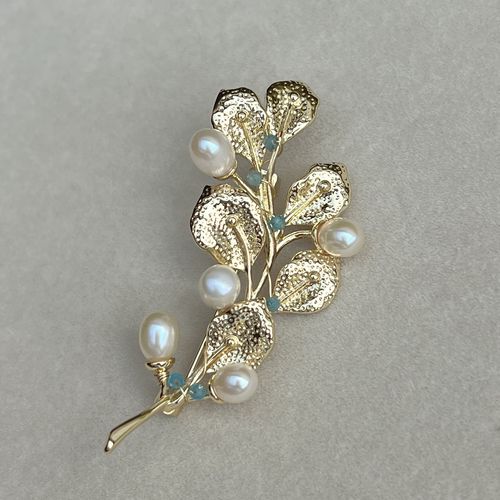 极亮无暇 天然珍珠胸针胸花 7mm 金色树枝树叶 花叶枝叶