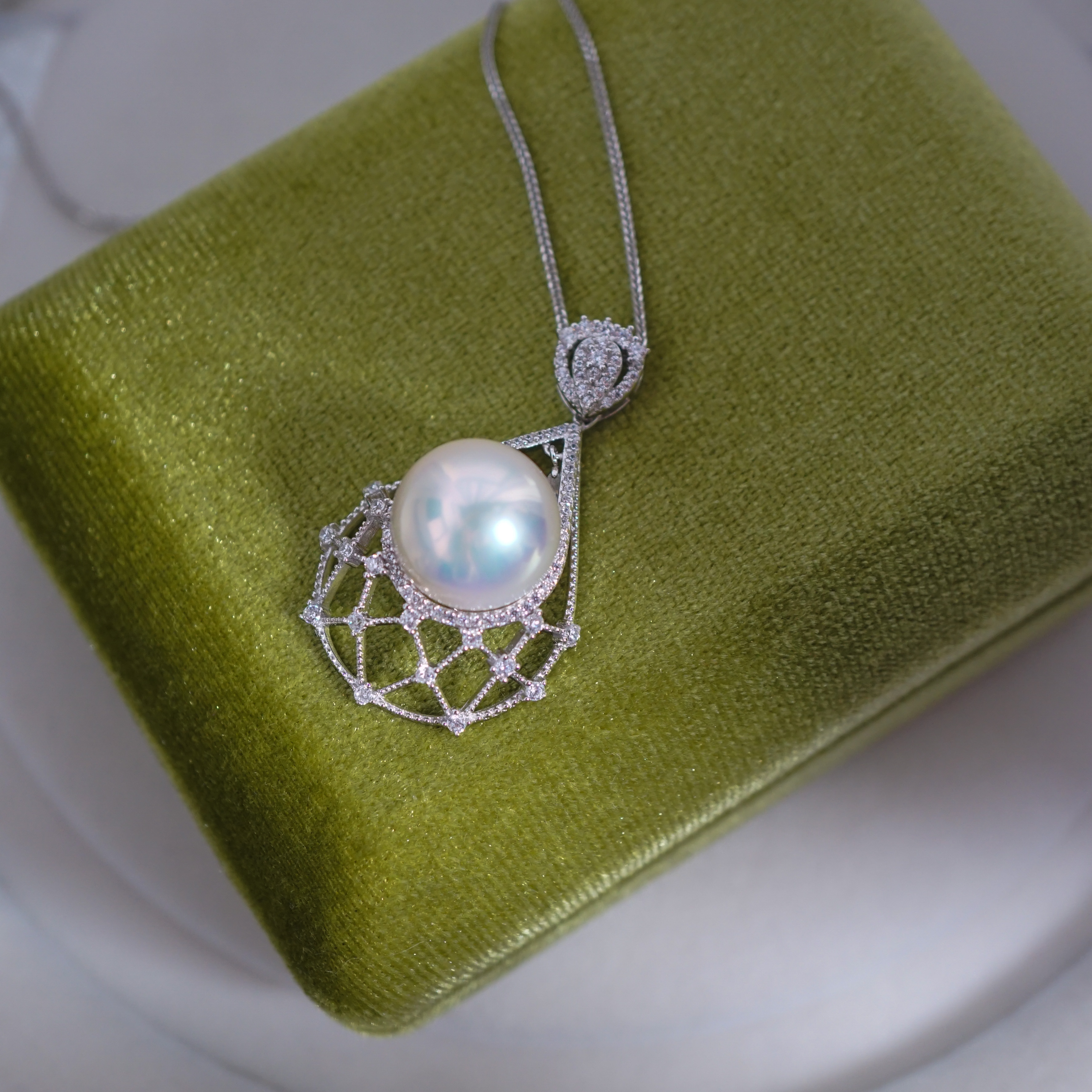 S925银 送银链 镜面极光无暇天然白色珍珠项链 13.5mm