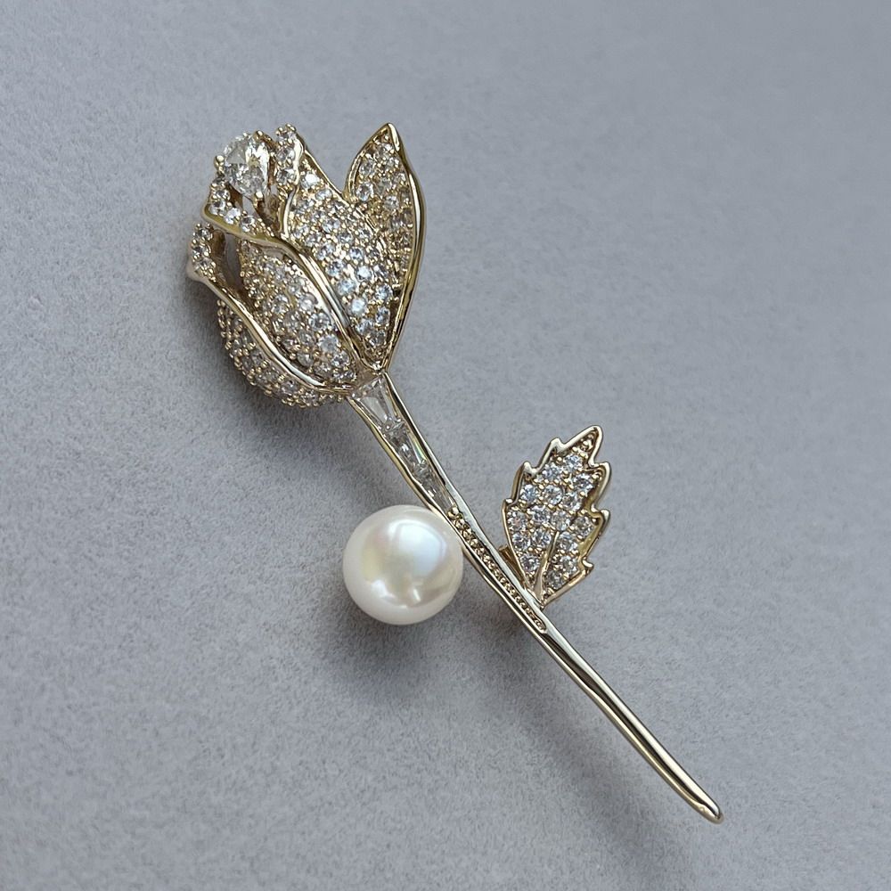 镜面极亮丝滑纯白无瑕 天然白珍珠胸针胸花9mm一枝玫瑰花郁金香