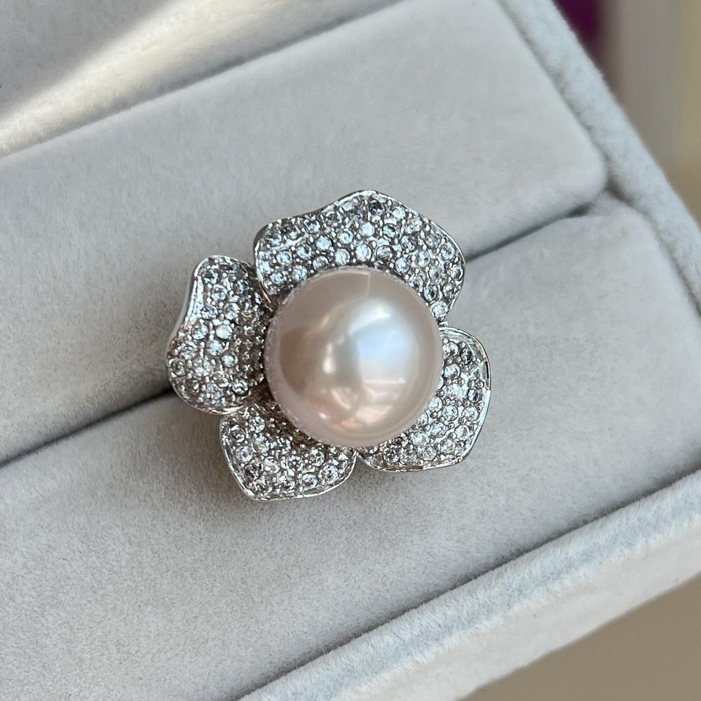 天然白色珍珠戒指超大山茶花