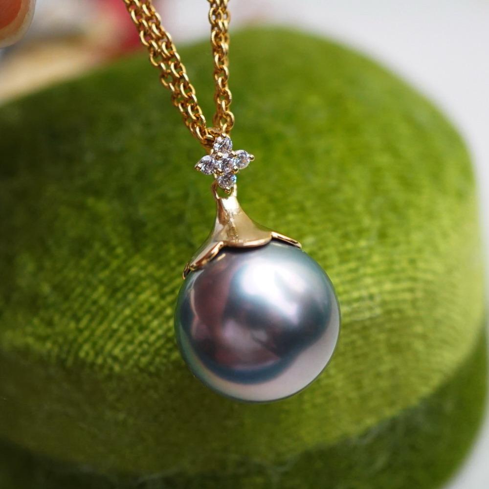 18K黄金 镜面极亮正圆无暇天然大溪地海水黑珍珠项坠项链吊坠13mm