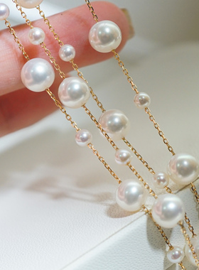 实拍 18K黄金链 中粗 极亮正圆无暇 天然白色AK珍珠项链3.8-7.2mm