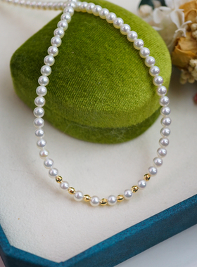 18K 极亮正圆无暇纯白 天然白色AK小珍珠项链 4.3mm 加金豆豆