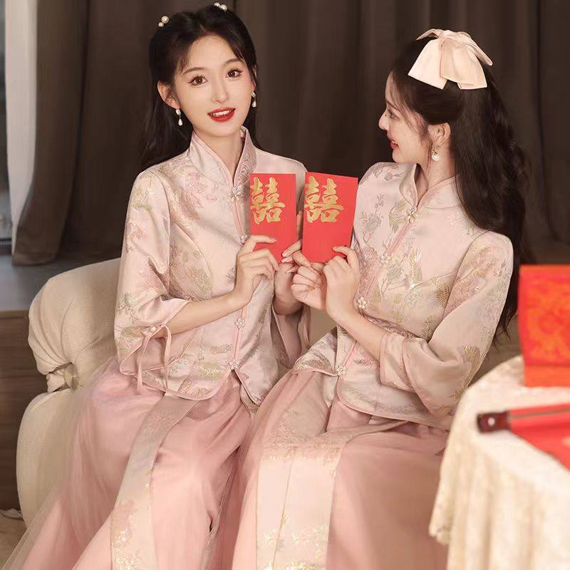 伴娘服新中式套装2024夏季豆沙粉国风复古显瘦婚礼姐妹团礼服