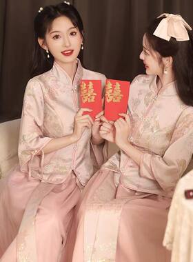 伴娘服新中式套装2024夏季豆沙粉国风复古显瘦婚礼姐妹团礼服