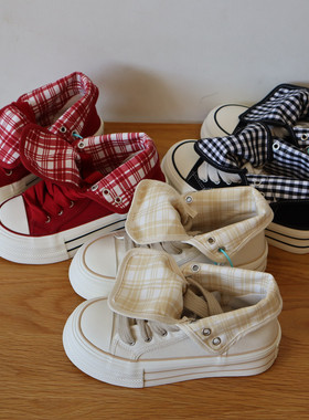 MISTERY思益韩版学院厚底可翻两穿高帮格子帆布鞋女原创休闲板鞋