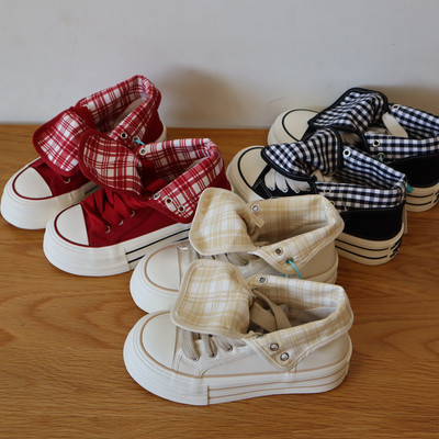 韩版厚底可翻两穿高帮格子帆布鞋