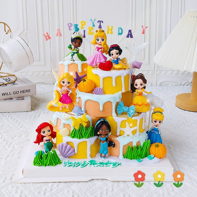 叠叠乐迷你公主生日蛋糕装饰卡通白雪爱莎公主摆件蝴蝶结烘焙插件