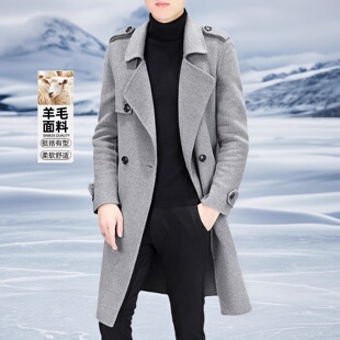毛呢大衣男 中长款 羊毛束腰风衣外套秋冬加厚宽松休闲韩版 青年新品