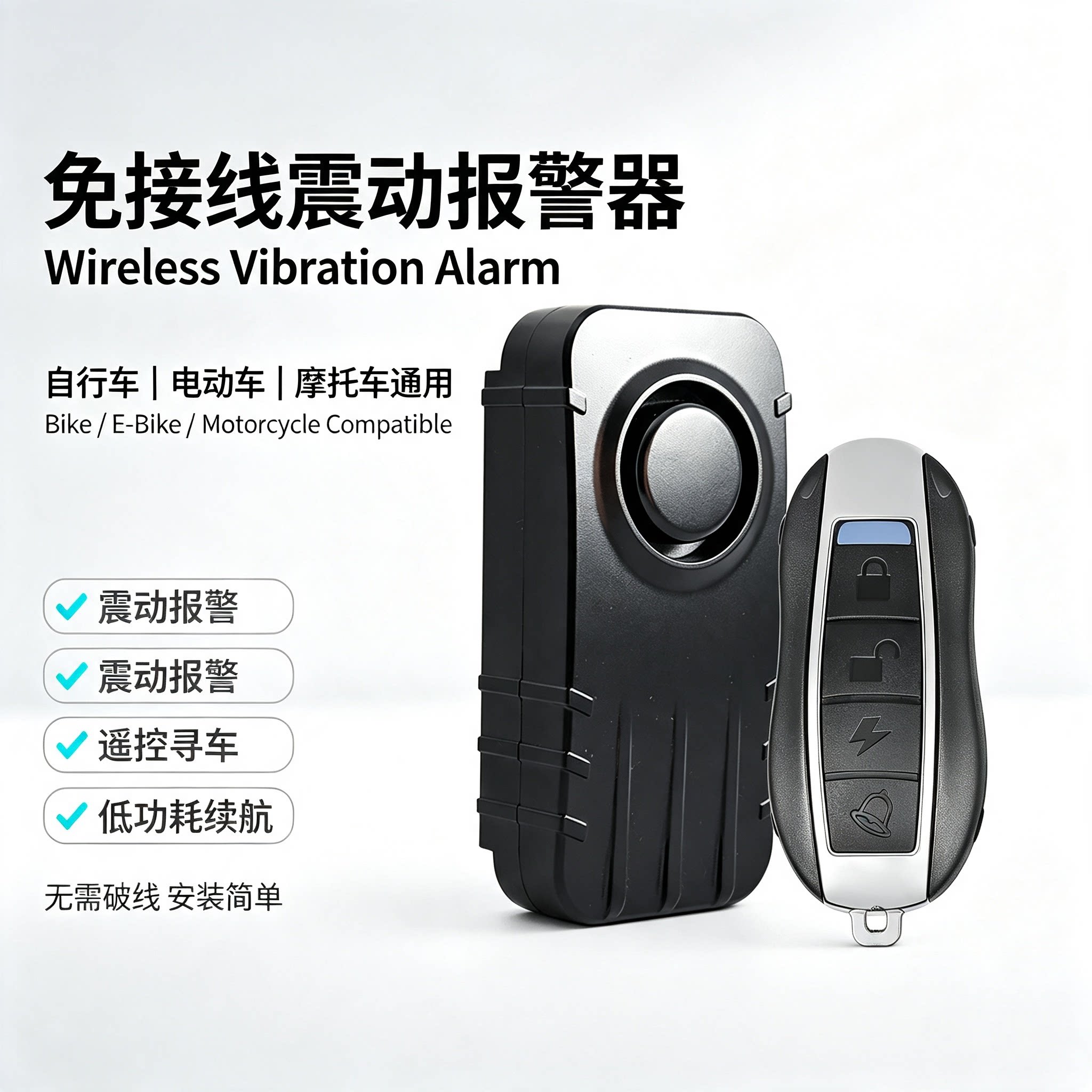 正将免接线震动报警器摩托车电动车自行车通用防盗器遥控寻车