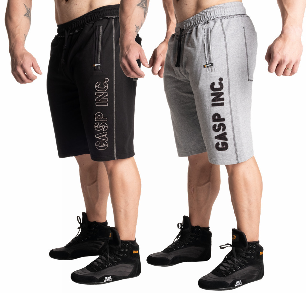 God健身运动短裤男宽松大码欧美式训练绣花拉链口袋五分裤纯棉裤