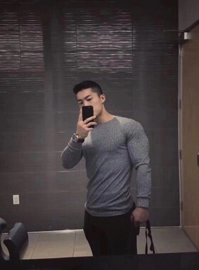 FIBB吴龙同款纯色长袖针织线衫训练弹力休闲健身大码打底运动涤纶