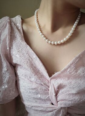 淡水白色珍珠项链 近圆送妈妈送女士礼物 精选全珠项链