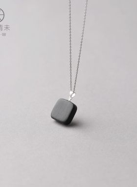 极简方青未原创设计师手作黑檀木方形项链吊坠女款简约饰品礼物