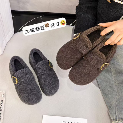 百搭加绒勃肯鞋女2025年冬季新款毛呢厚底软底搭扣一脚蹬保暖棉鞋