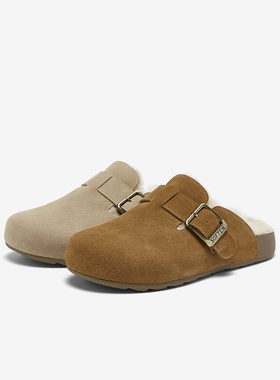 百思图2025冬季新款真皮厚底勃肯鞋加绒保暖女毛毛鞋拖鞋D3788DH5