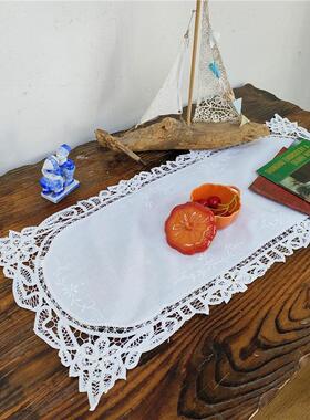 F324手绣百代丽蕾丝桌旗白色棉质85x35cm