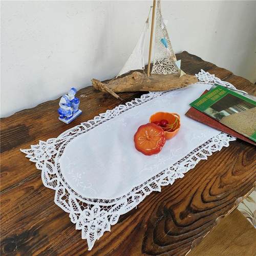 F324手绣百代丽蕾丝桌旗白色棉质85x35cm