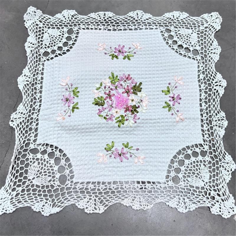 手工钩针手工丝带绣盖巾50方cm一对白色装饰盖巾微波炉烤箱H125