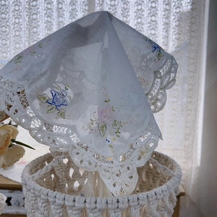 2条 有氧化 彩绣百带丽花边方巾白色棉质40cm方 Q205