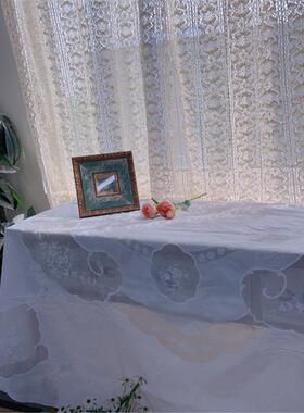 V326 潮绣玻璃纱圆桌布2.2m白色麻质