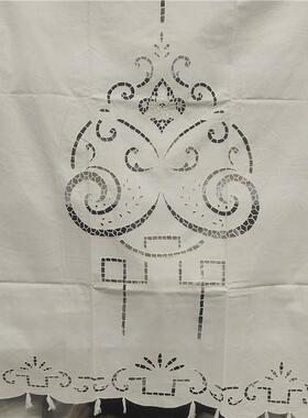 S207 镂空扣锁绣白色麻质流苏款窗帘100x90cm（有氧化）一对