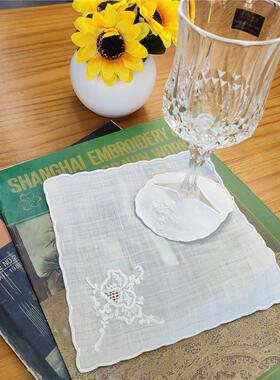H129 手绣 红酒杯垫 白色  1套（一方一圆）方15cm，圆8cm