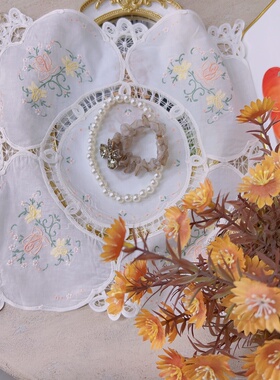 Q102 橘色潮绣玫瑰花方盖巾手帕棉纱38x38cm