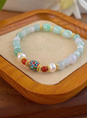 古丽古丽S925纯银景泰蓝淡水珍珠玛瑙轻奢风高级感翡翠手链01140