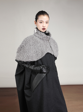 MIAHAN2025冬新款女设计师品牌保暖加厚百搭披肩高领短款羊毛斗篷