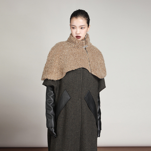 MIAHAN2025冬季新款百搭时髦洋气一粒扣拉链接保暖羊毛款斗篷披肩