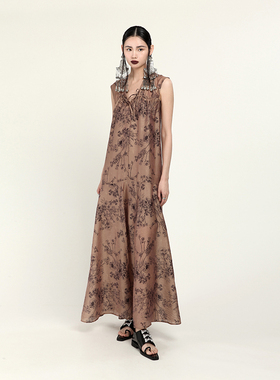 MIA HAN春夏新品仙气小众新中式复古印花A字型大摆V领无袖连衣裙