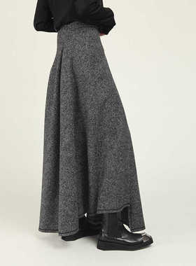 MIAHAN冬季新品女复古百搭时尚保暖人字纹羊毛呢长款半身裙大摆裙