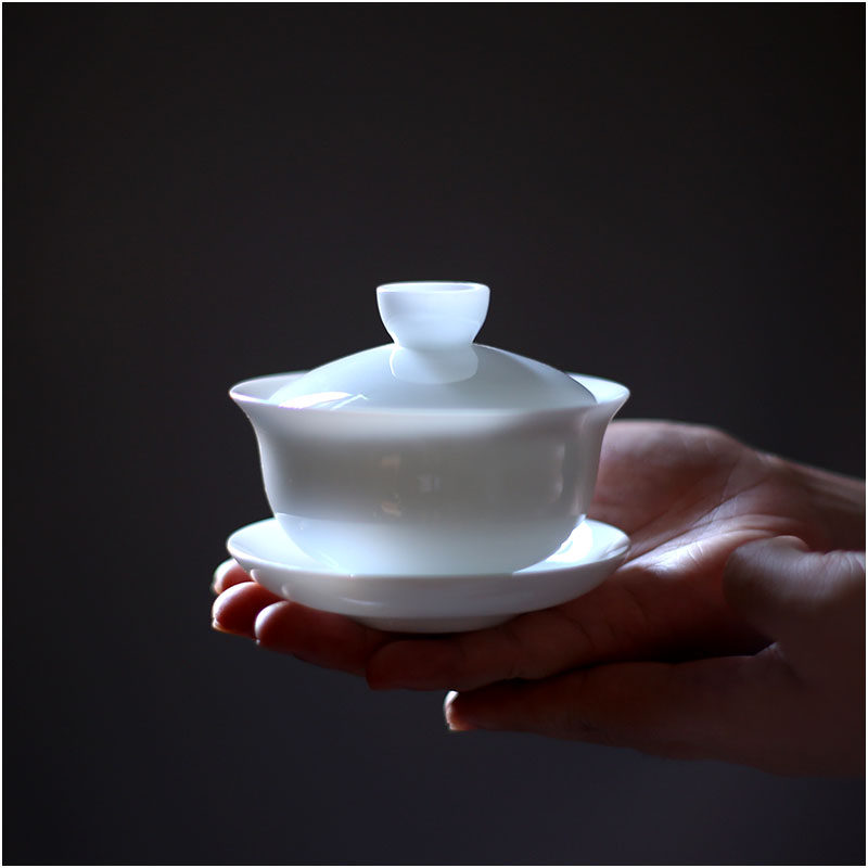 羊脂玉盖碗大号单个玉泥陶瓷潮州功夫茶碗白瓷三才碗家用茶具老瓷