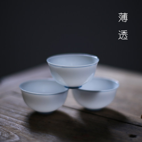 青花双线品茗杯羊脂玉功夫小茶杯
