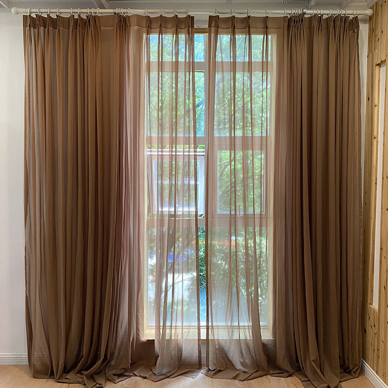 金衢窗帘画眉鸟棕色纱帘现代简约客厅阳台书房咖啡色透光窗纱定制