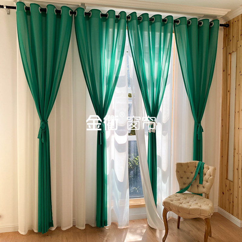 金衢民族风客厅阳台青绿色美容院透光不透人纱帘祖母绿色双层窗纱