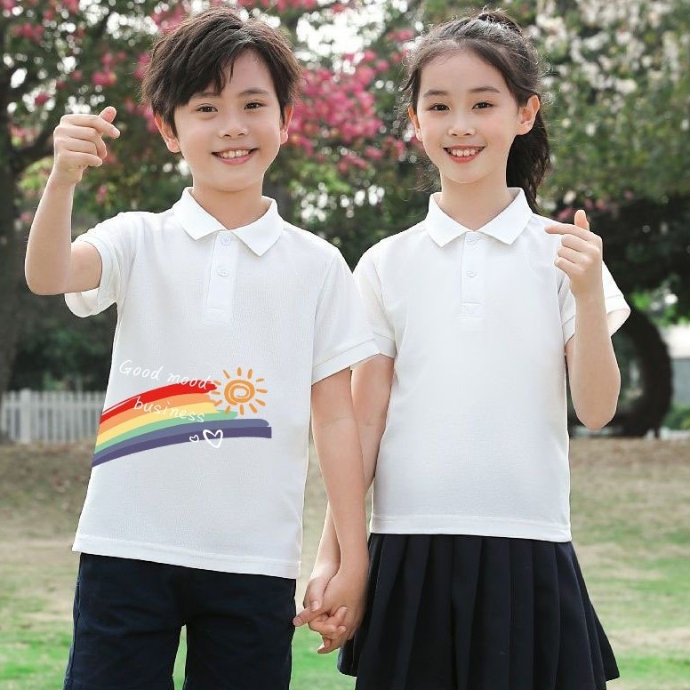 成人男童短袖polo衫小学生校服纯中大儿童白色棉T恤女童毕业班服