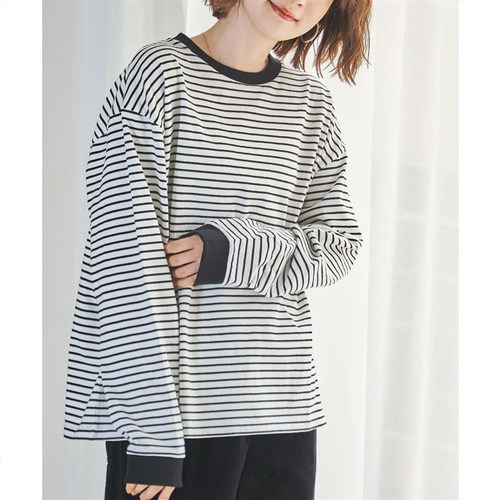 清新减龄百搭圆领条纹长袖棉T恤