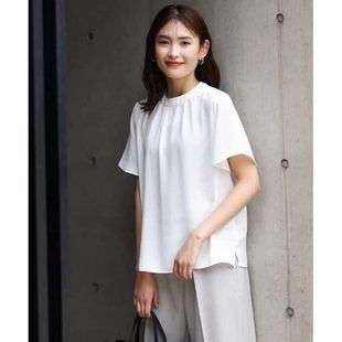 30534 雪纺衫 日单品牌春夏新款 优雅气质圆领后颈五粒扣侧开叉短袖