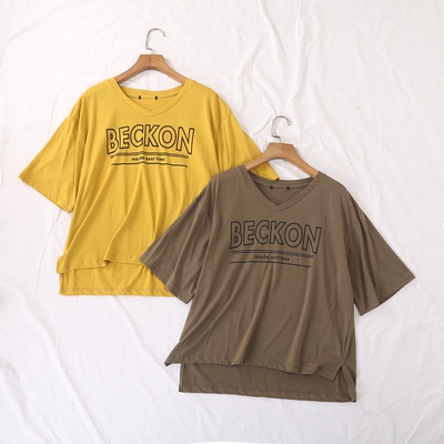 字母印花不规则鸡心领大码T恤