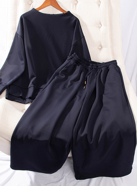 日单春秋新款时尚OL后拉链圆领长袖卫衣+带内衬阔腿裤套装21040